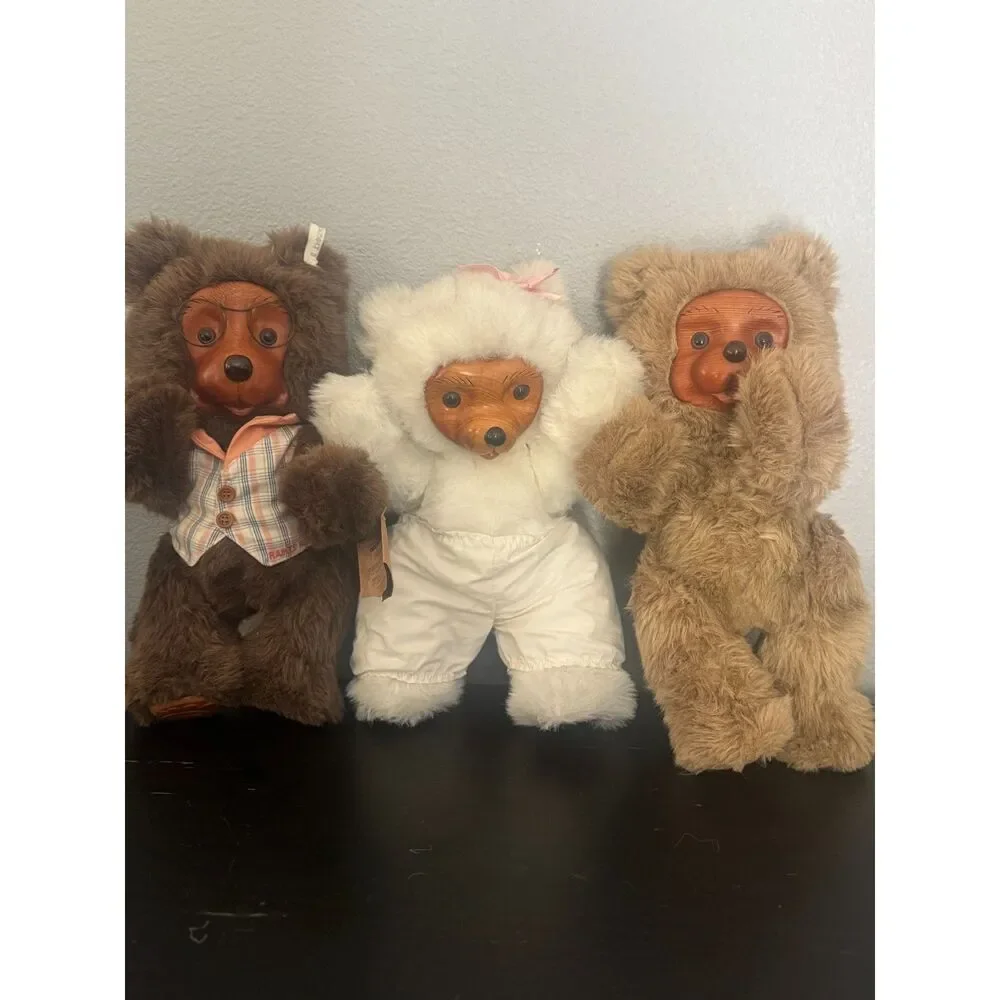 Robert Raikes 1988 Teddy Bear Trio Jason Jenny Sally Wooden Face Signed